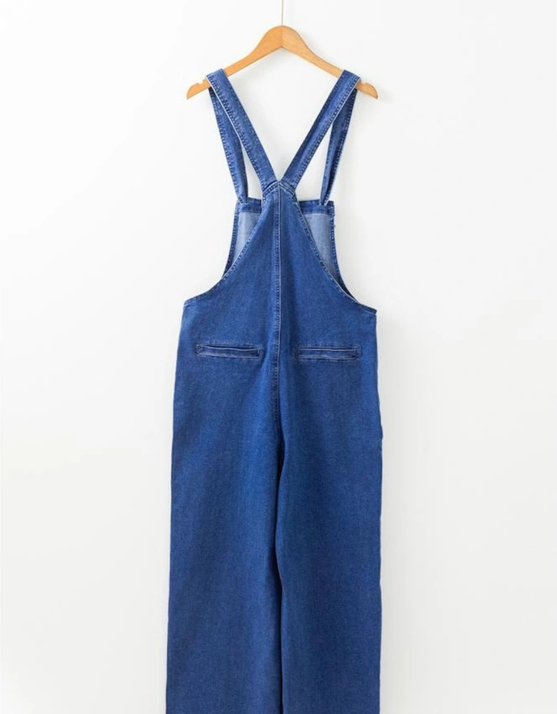 Prussian Blue Mineral Wash Knotted Strap Patched Pocket Wide Leg Denim Overalls