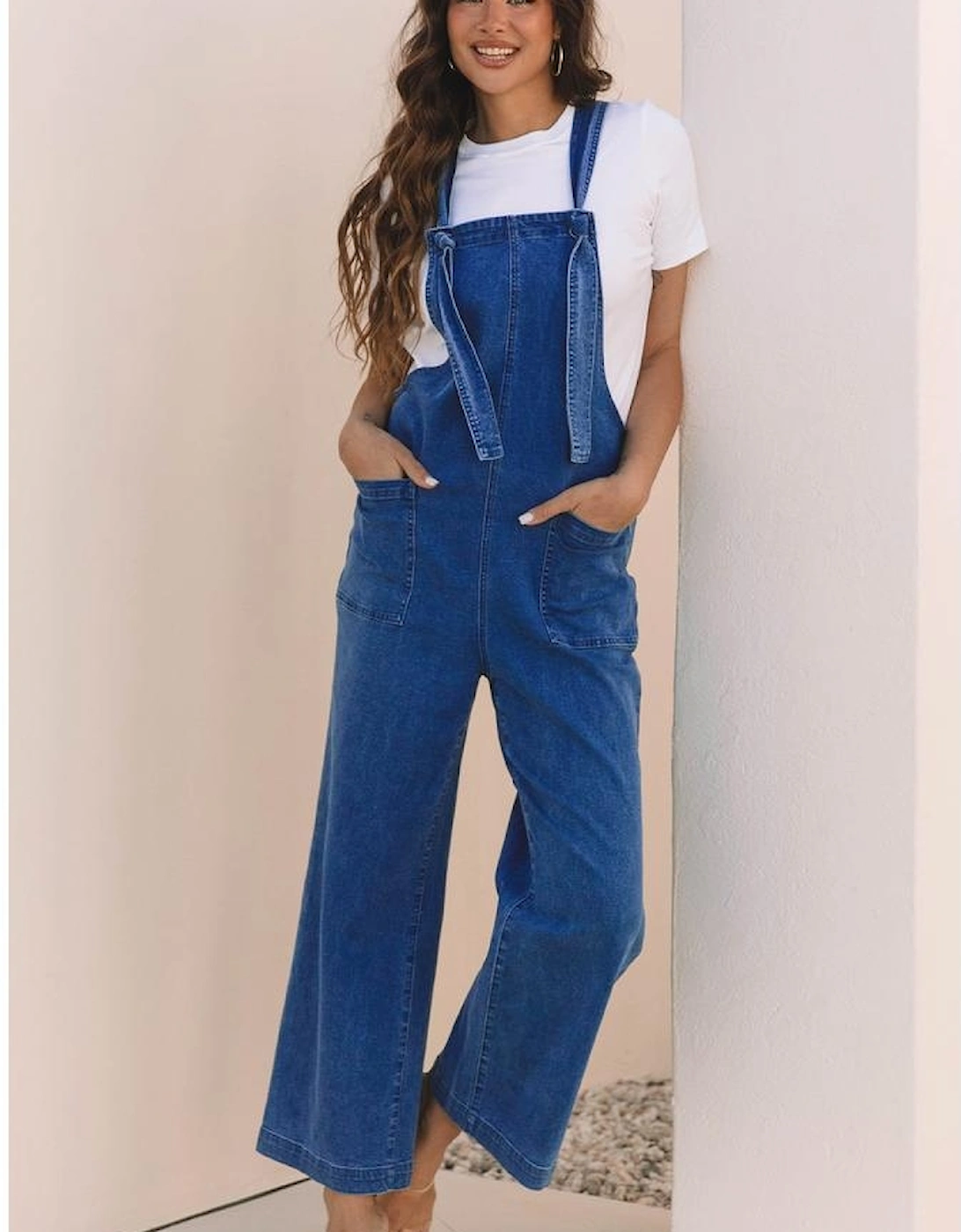 Prussian Blue Mineral Wash Knotted Strap Patched Pocket Wide Leg Denim Overalls