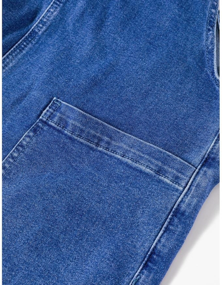 Prussian Blue Mineral Wash Knotted Strap Patched Pocket Wide Leg Denim Overalls