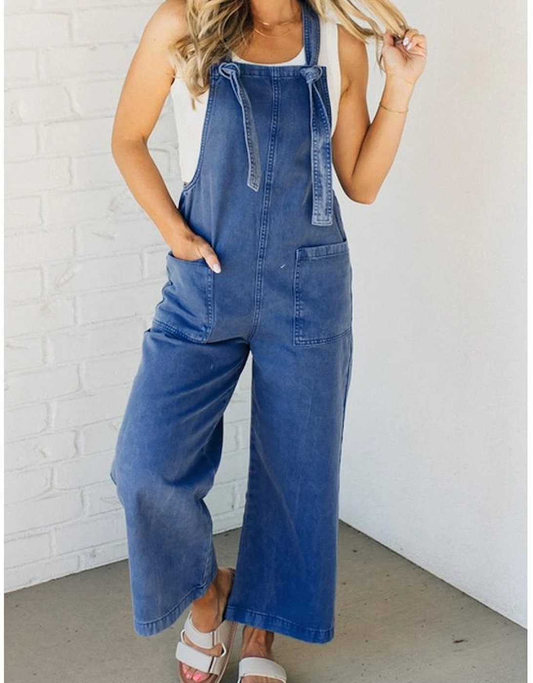 Prussian Blue Mineral Wash Knotted Strap Patched Pocket Wide Leg Denim Overalls