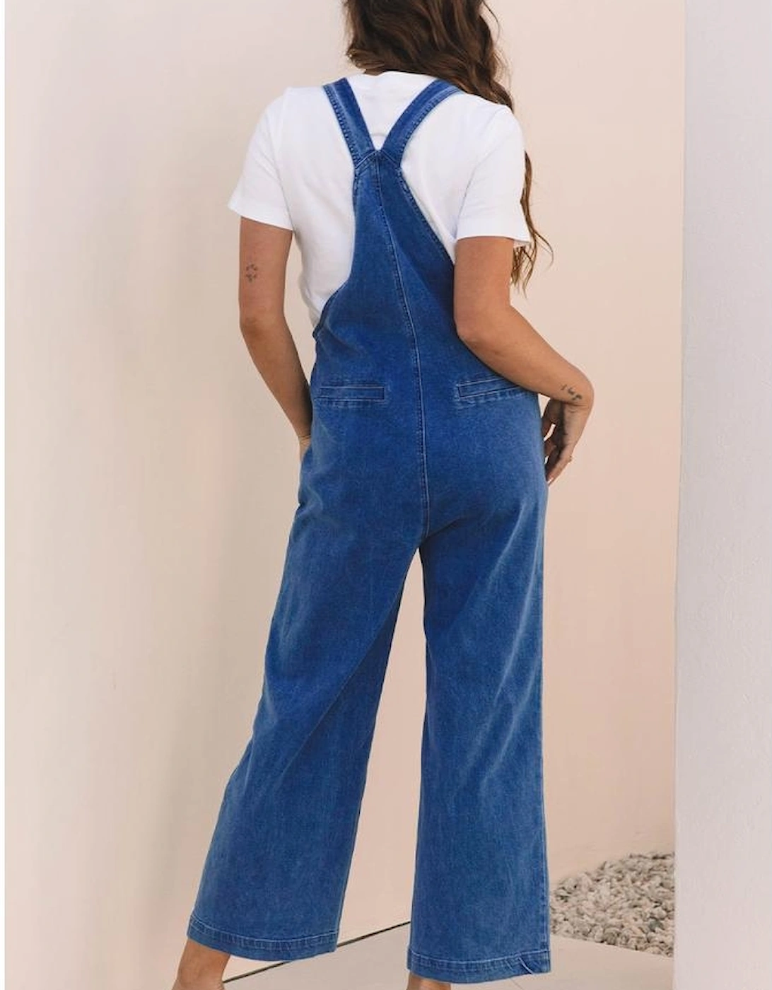 Prussian Blue Mineral Wash Knotted Strap Patched Pocket Wide Leg Denim Overalls