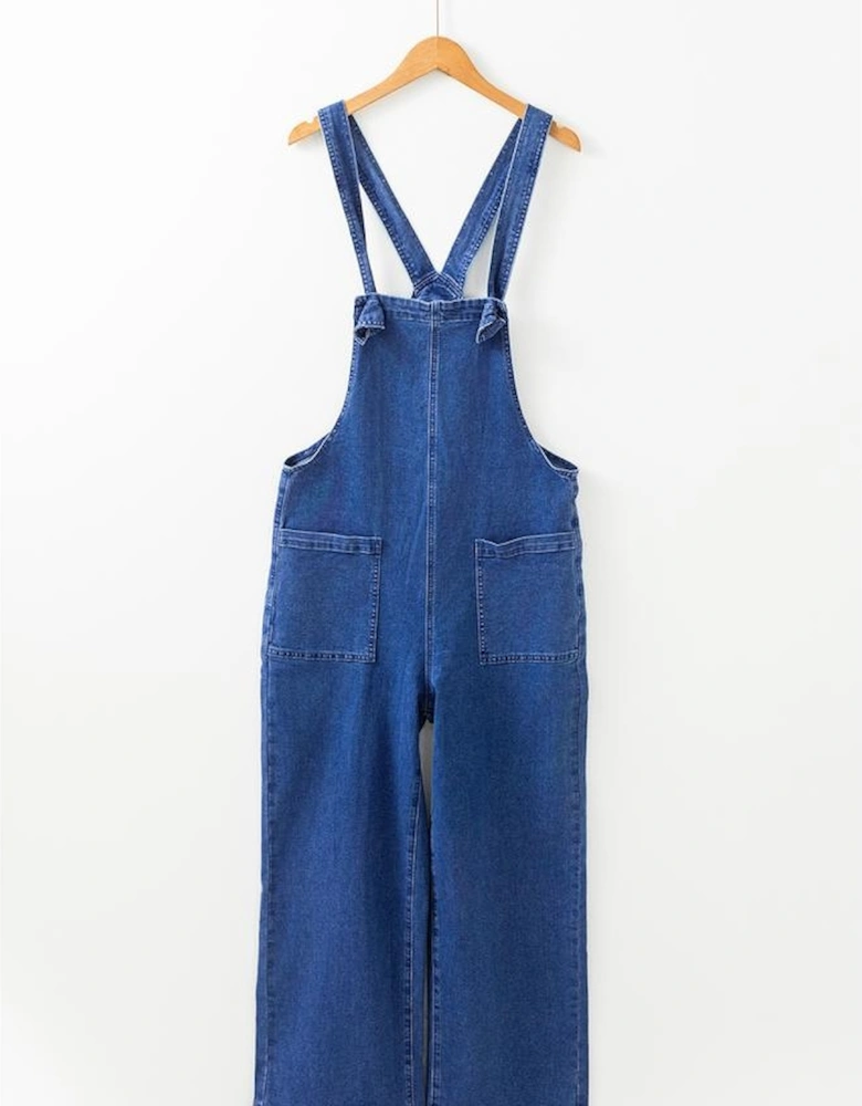 Prussian Blue Mineral Wash Knotted Strap Patched Pocket Wide Leg Denim Overalls