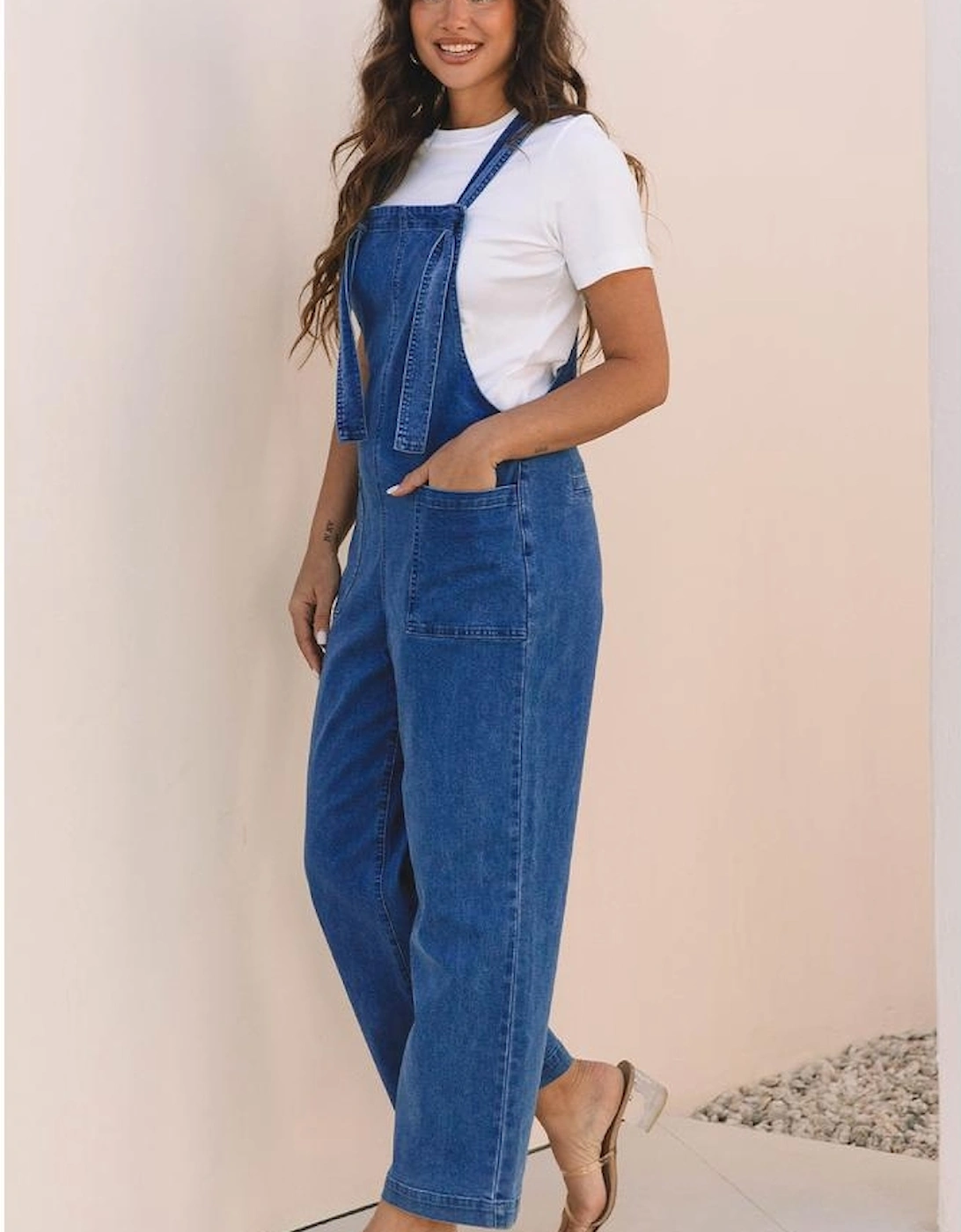 Prussian Blue Mineral Wash Knotted Strap Patched Pocket Wide Leg Denim Overalls
