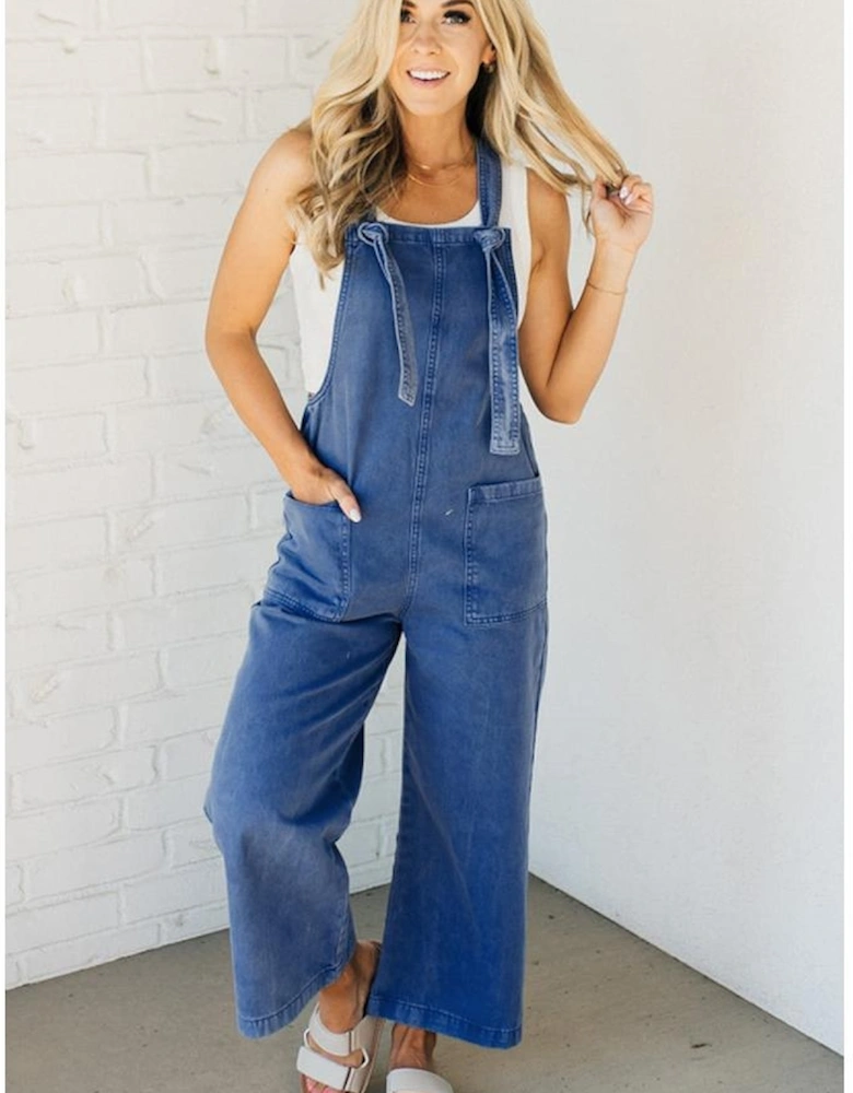 Prussian Blue Mineral Wash Knotted Strap Patched Pocket Wide Leg Denim Overalls