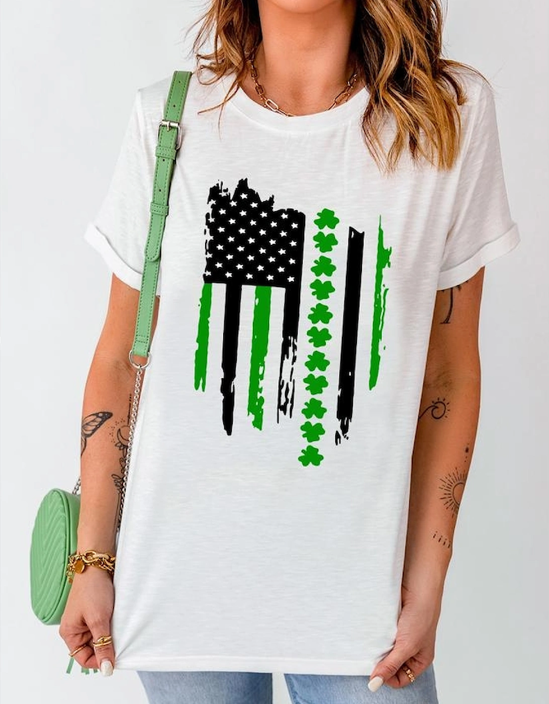 White St. Patricks Clover American Flag Print Crewneck Tee