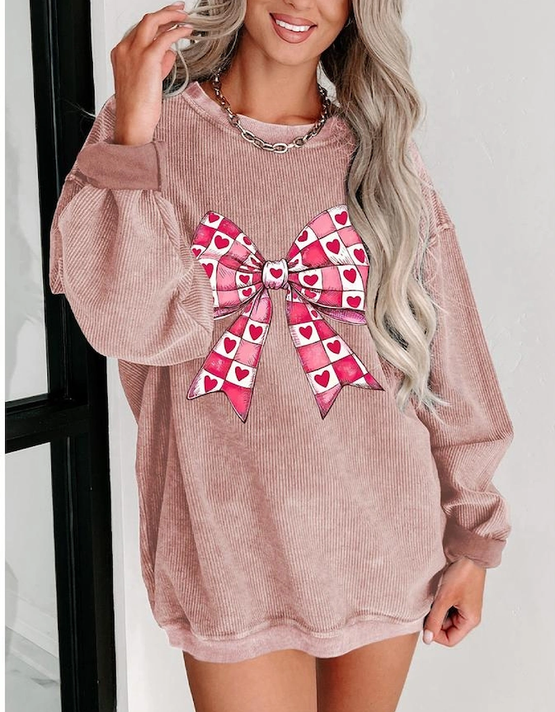 Pink Valentines Heart Checkered Bow Pattern Corded Baggy Sweatshirt, 7 of 6