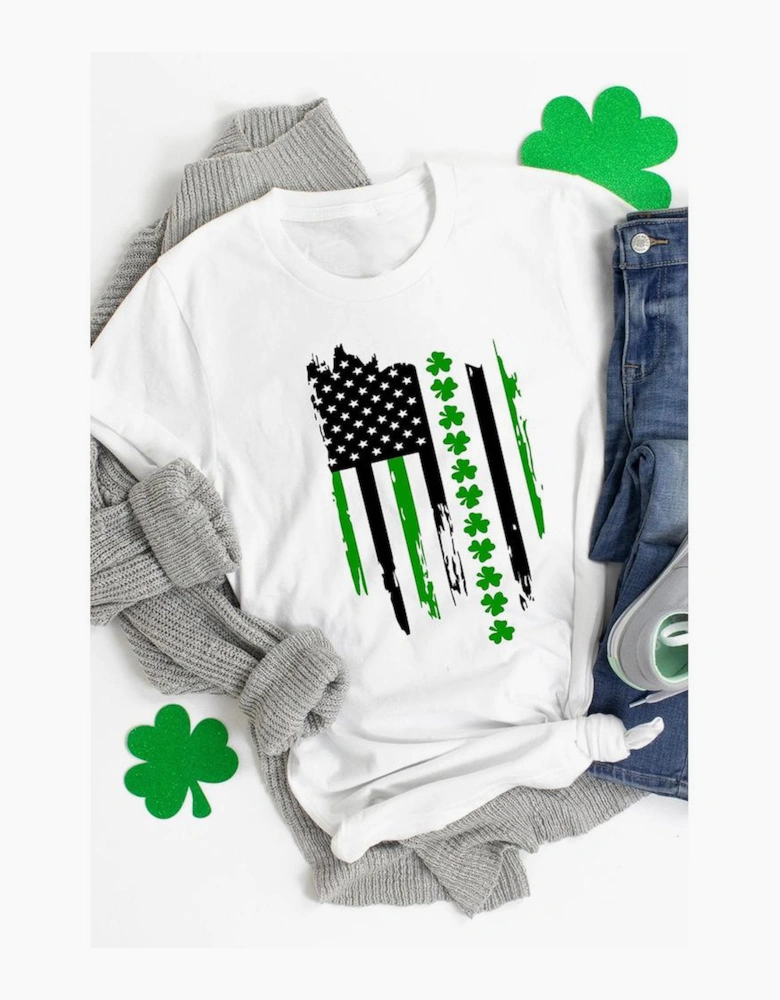 White St. Patricks Clover American Flag Print Crewneck Tee