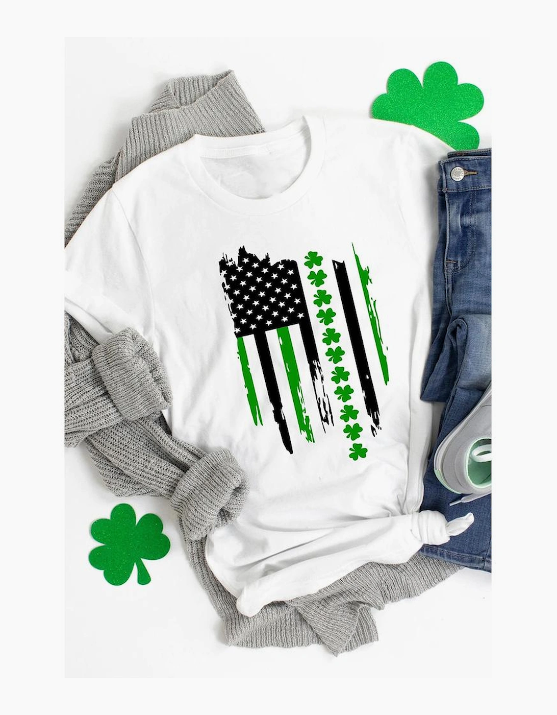 White St. Patricks Clover American Flag Print Crewneck Tee