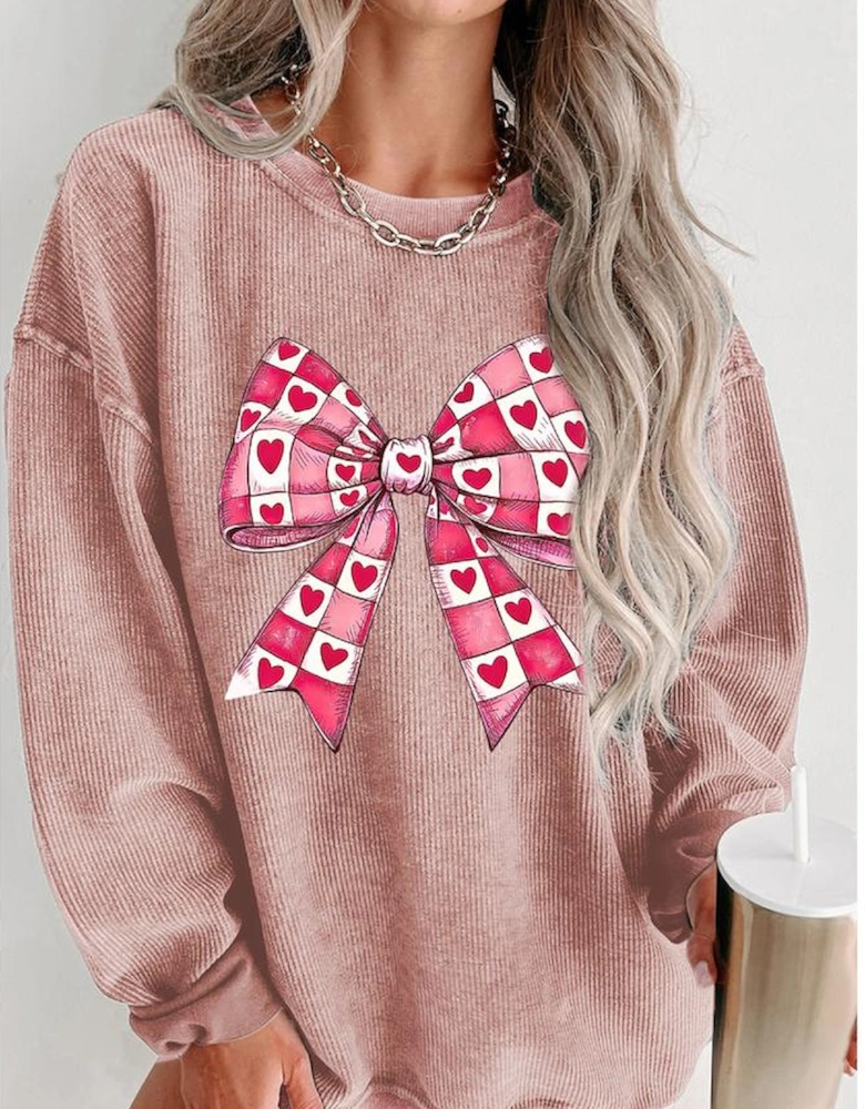 Pink Valentines Heart Checkered Bow Pattern Corded Baggy Sweatshirt