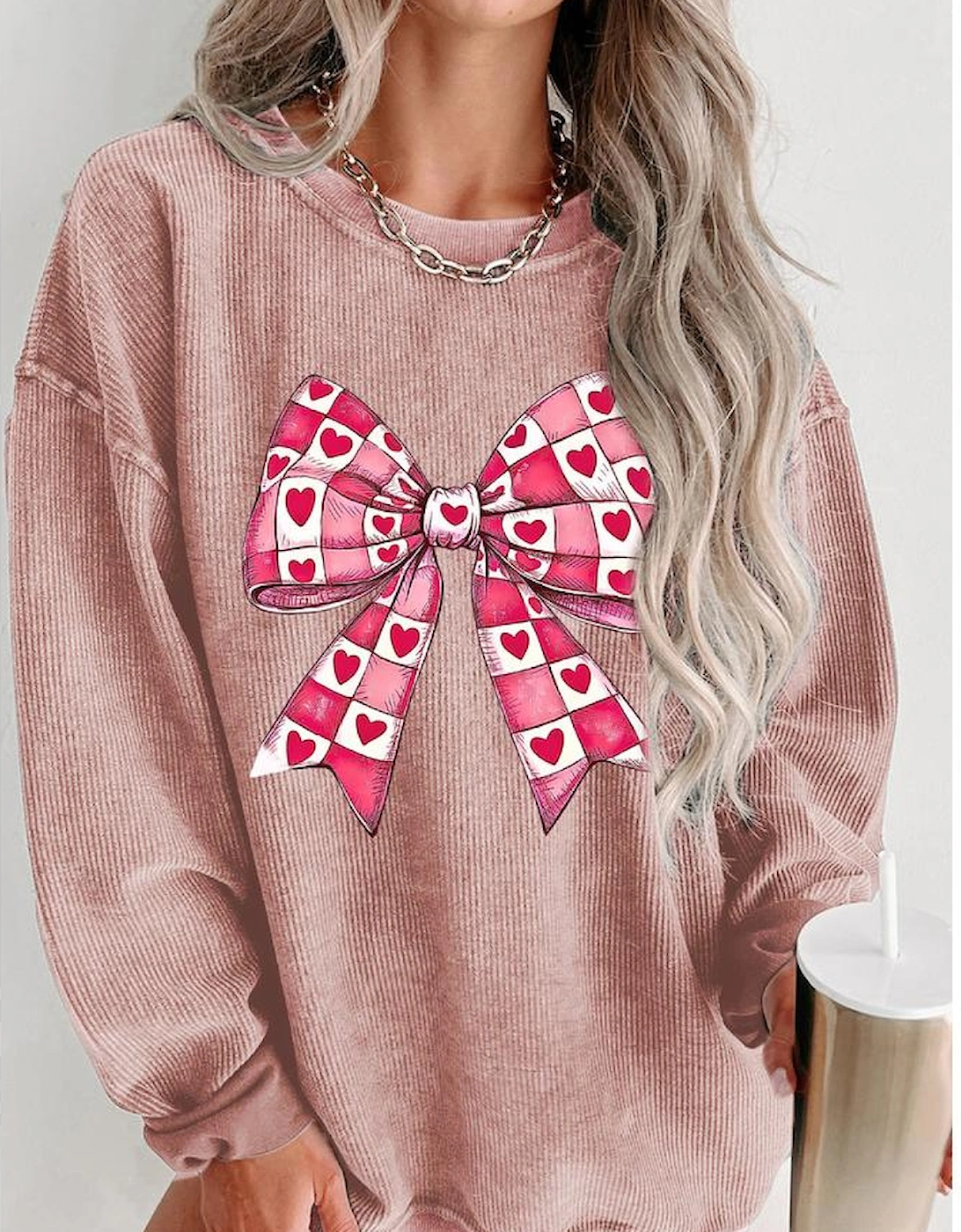 Pink Valentines Heart Checkered Bow Pattern Corded Baggy Sweatshirt