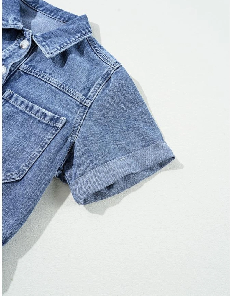 Dusk Blue Chest Pocket Front Buttoned Folded Edge Denim Short Sleeve Romper