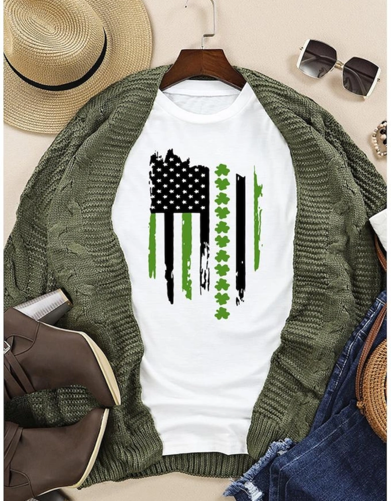 White St. Patricks Clover American Flag Print Crewneck Tee