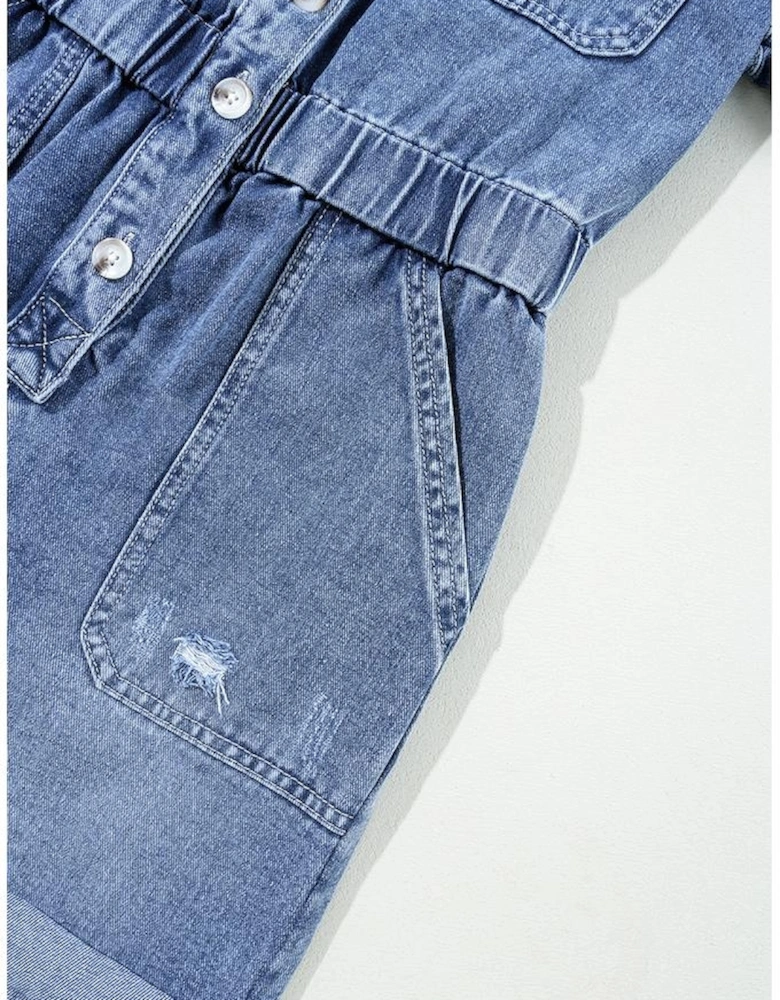 Dusk Blue Chest Pocket Front Buttoned Folded Edge Denim Short Sleeve Romper