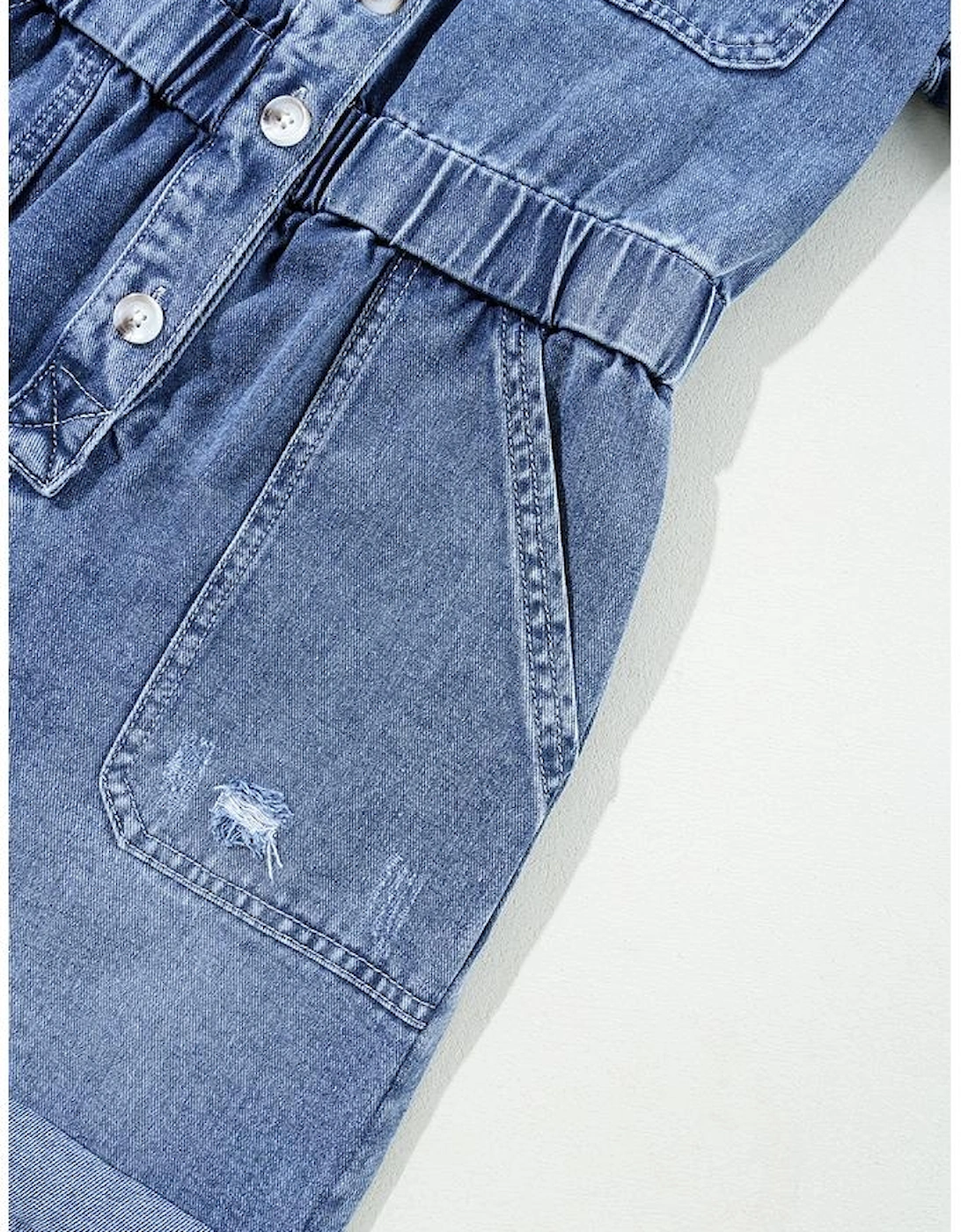 Dusk Blue Chest Pocket Front Buttoned Folded Edge Denim Short Sleeve Romper