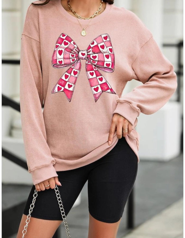 Pink Valentines Heart Checkered Bow Pattern Corded Baggy Sweatshirt