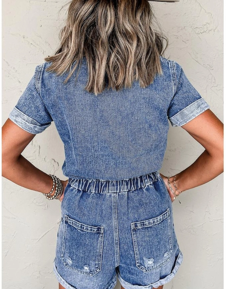 Dusk Blue Chest Pocket Front Buttoned Folded Edge Denim Short Sleeve Romper
