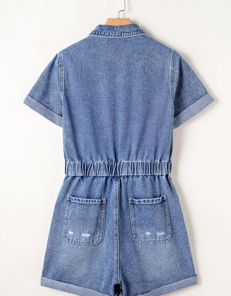 Dusk Blue Chest Pocket Front Buttoned Folded Edge Denim Short Sleeve Romper