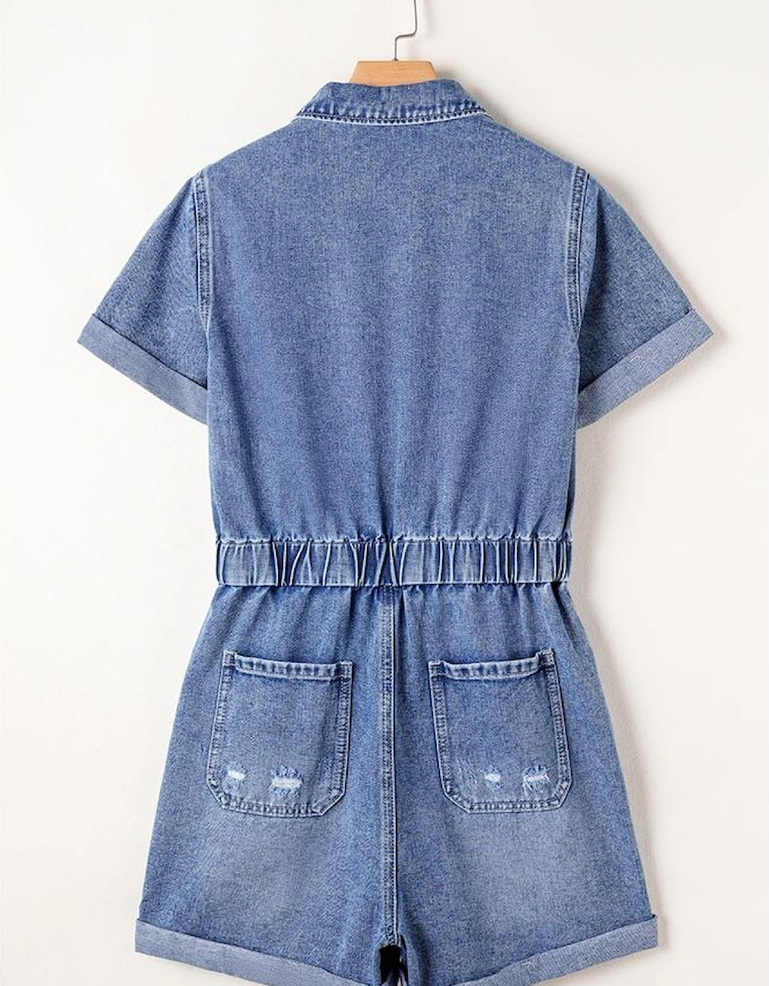 Dusk Blue Chest Pocket Front Buttoned Folded Edge Denim Short Sleeve Romper