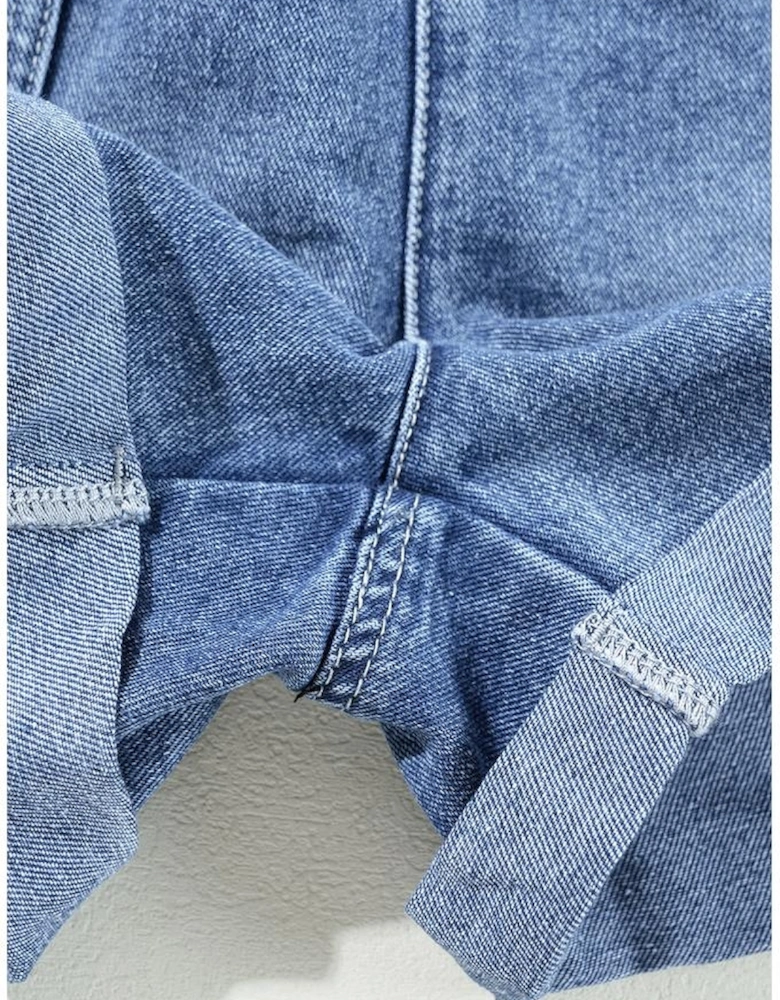 Dusk Blue Chest Pocket Front Buttoned Folded Edge Denim Short Sleeve Romper