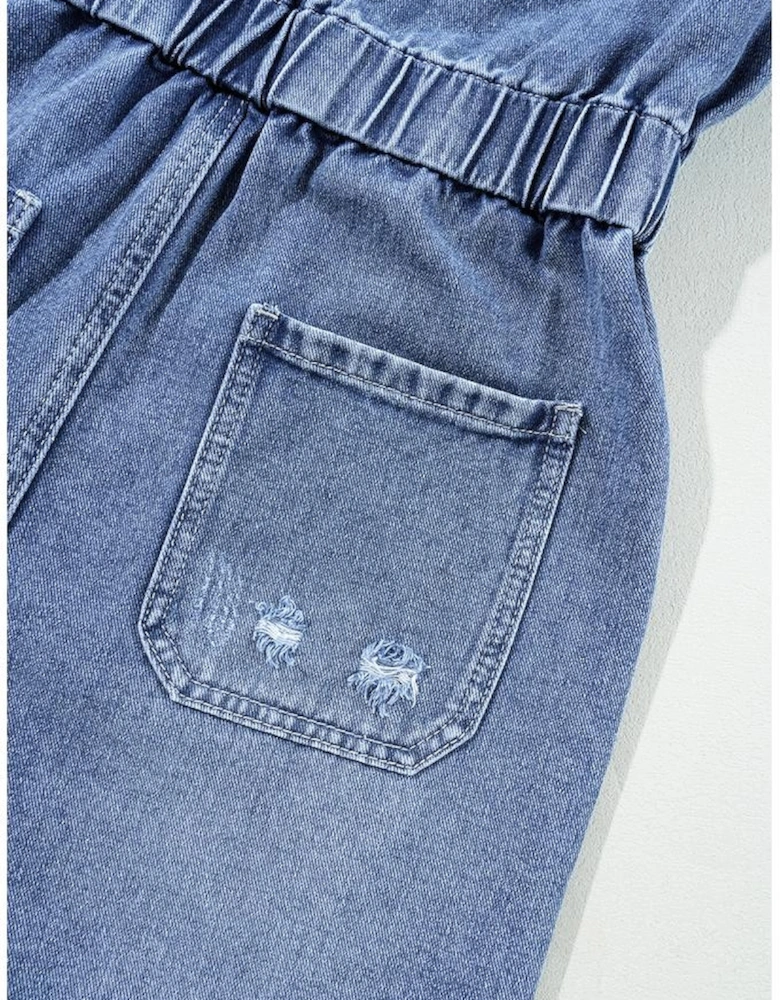 Dusk Blue Chest Pocket Front Buttoned Folded Edge Denim Short Sleeve Romper