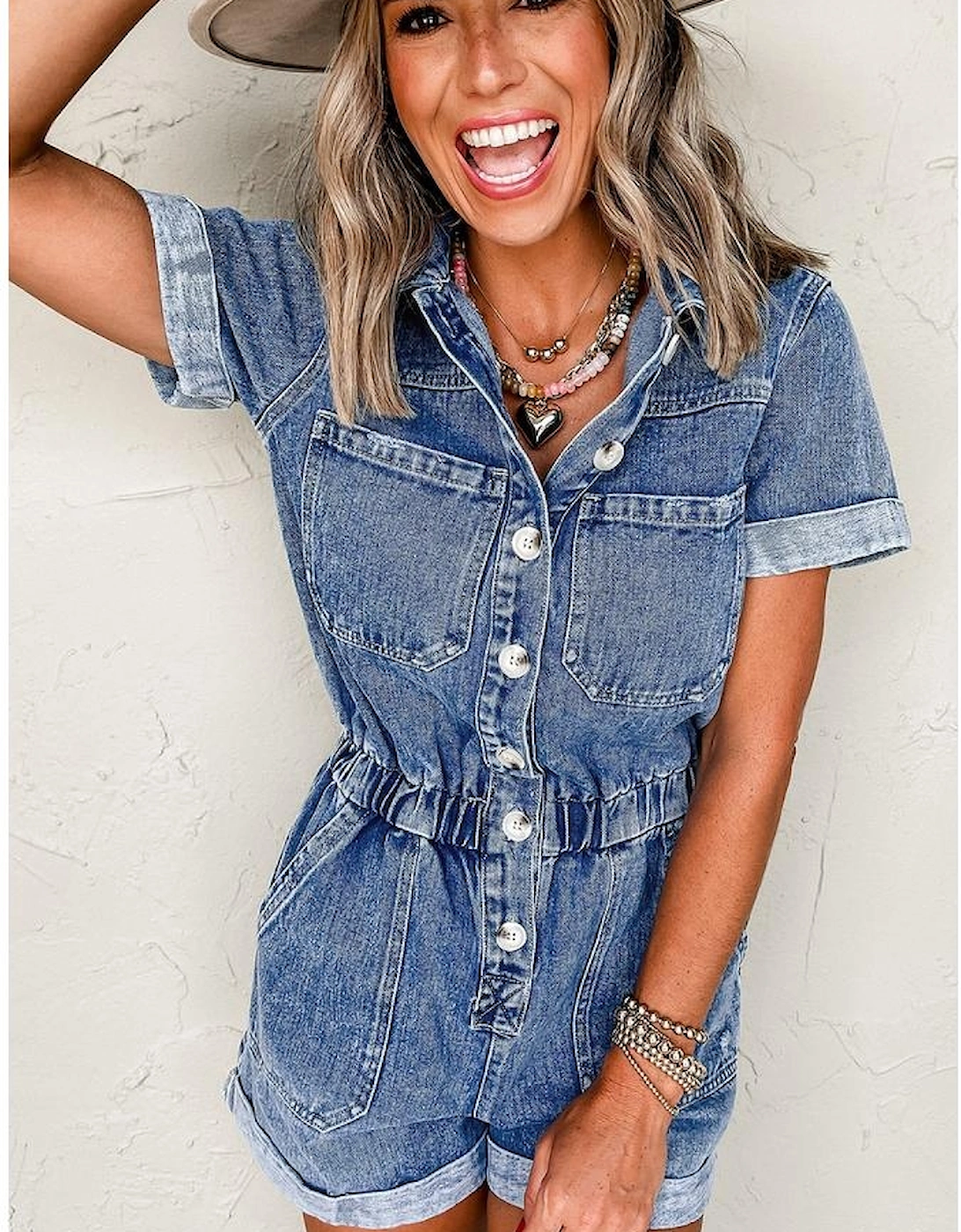 Dusk Blue Chest Pocket Front Buttoned Folded Edge Denim Short Sleeve Romper, 14 of 13