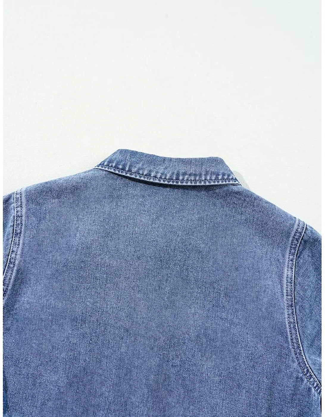 Dusk Blue Chest Pocket Front Buttoned Folded Edge Denim Short Sleeve Romper