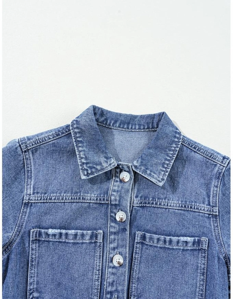 Dusk Blue Chest Pocket Front Buttoned Folded Edge Denim Short Sleeve Romper