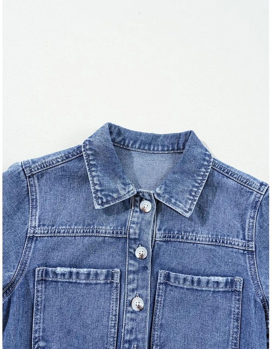 Dusk Blue Chest Pocket Front Buttoned Folded Edge Denim Short Sleeve Romper