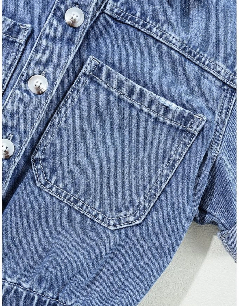 Dusk Blue Chest Pocket Front Buttoned Folded Edge Denim Short Sleeve Romper