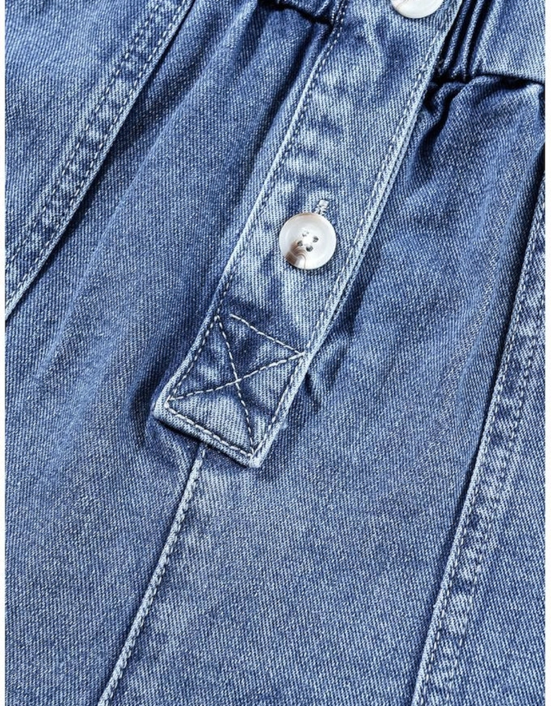 Dusk Blue Chest Pocket Front Buttoned Folded Edge Denim Short Sleeve Romper