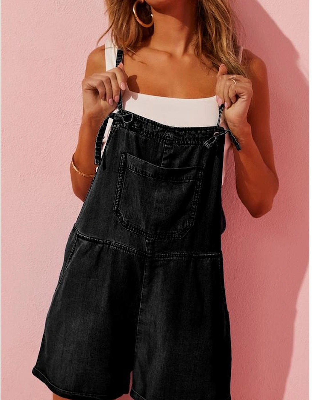 Black Grommet Tie Straps Casual Denim Romper, 12 of 11