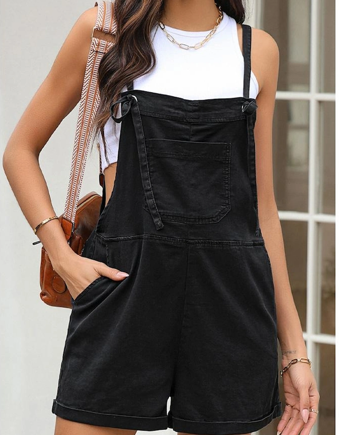 Black Grommet Tie Straps Casual Denim Romper