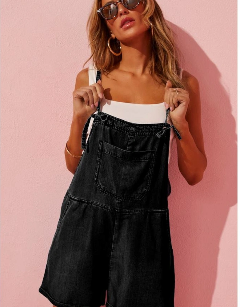 Black Grommet Tie Straps Casual Denim Romper