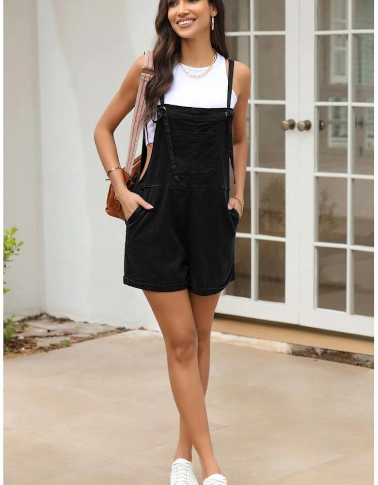 Black Grommet Tie Straps Casual Denim Romper