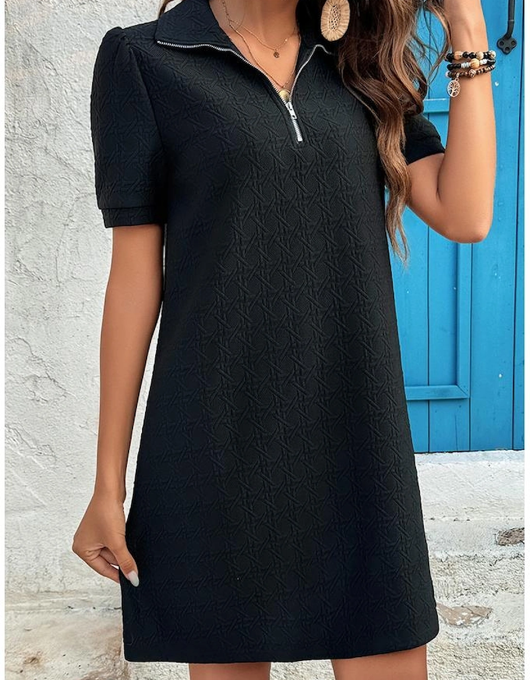Black Textured Zipped Collar Shift Polo T Shirt Dress