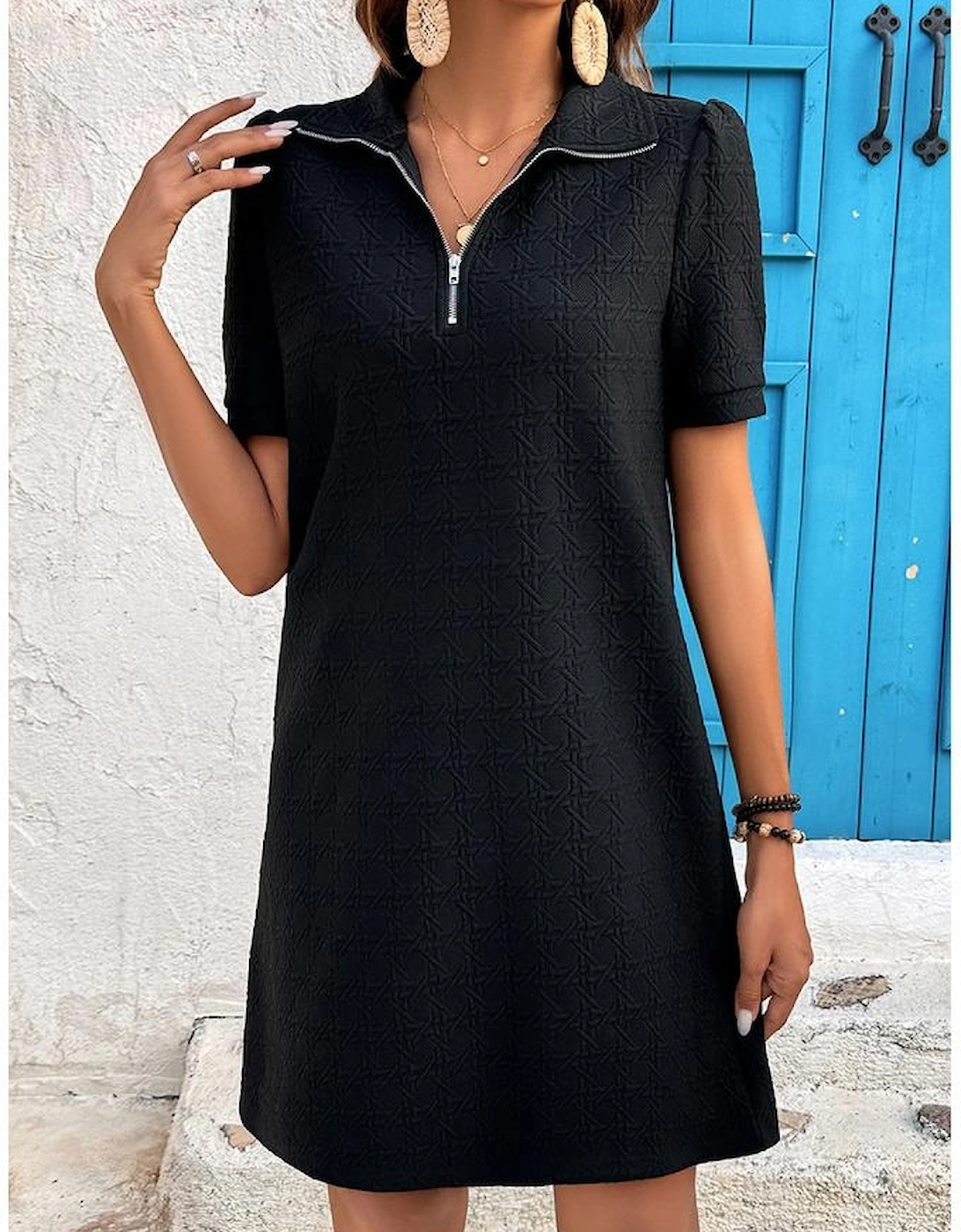 Black Textured Zipped Collar Shift Polo T Shirt Dress