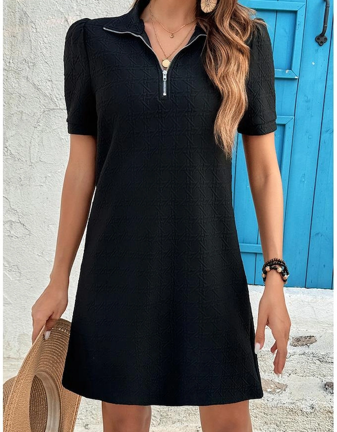 Black Textured Zipped Collar Shift Polo T Shirt Dress