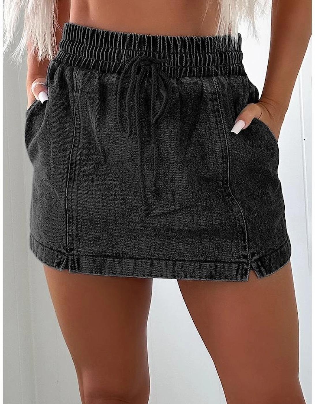 Black Drawstring High Waist Pocketed Denim Shorts