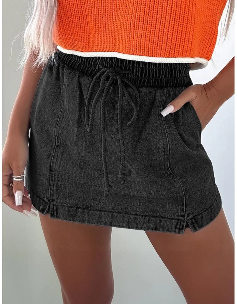 Black Drawstring High Waist Pocketed Denim Shorts