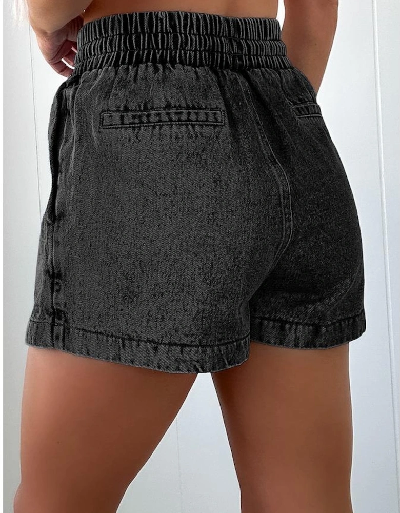 Black Drawstring High Waist Pocketed Denim Shorts