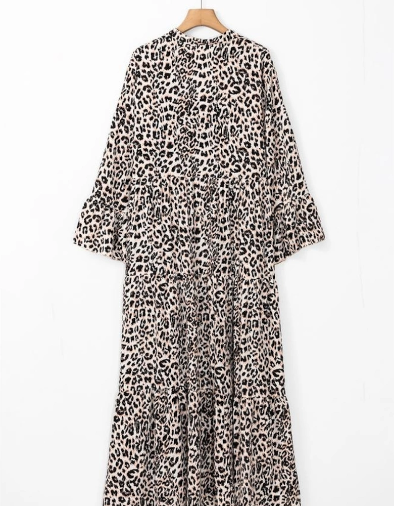 Apricot Leopard Print Tiered Wide Sleeve Maxi Dress