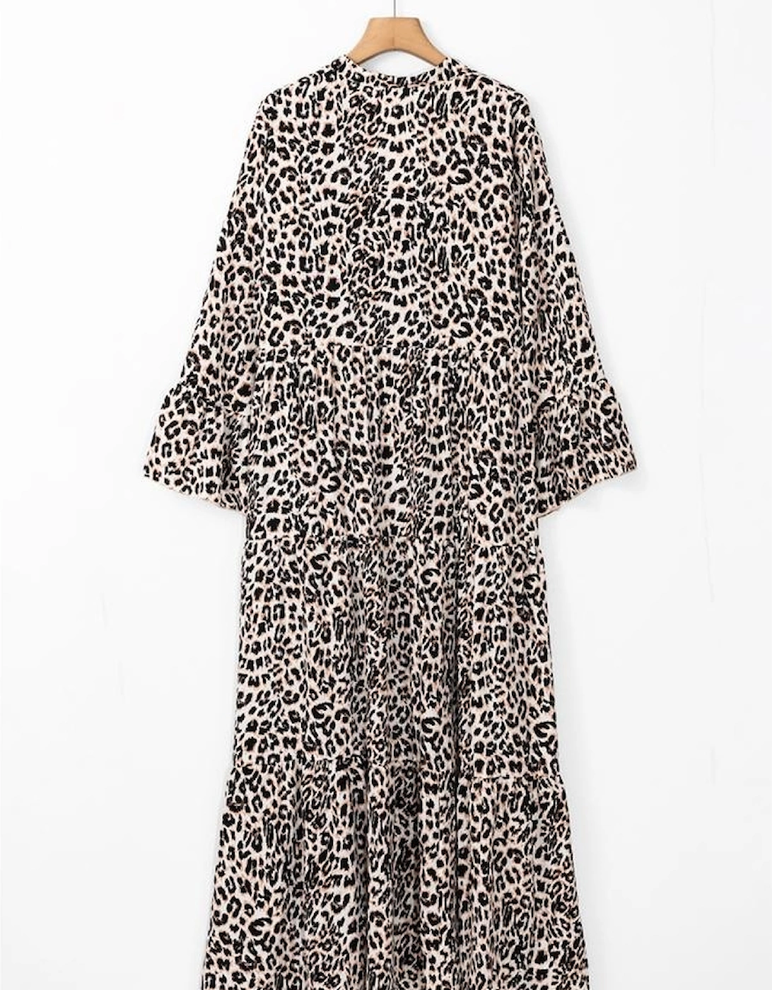 Apricot Leopard Print Tiered Wide Sleeve Maxi Dress