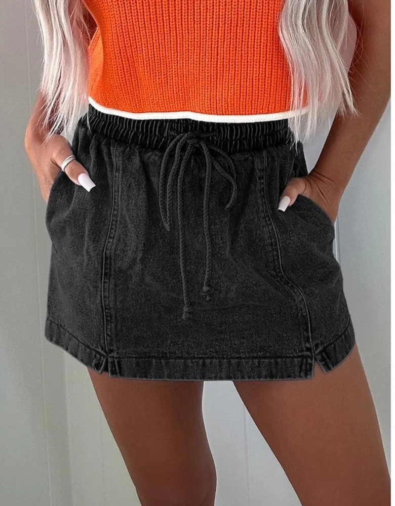 Black Drawstring High Waist Pocketed Denim Shorts