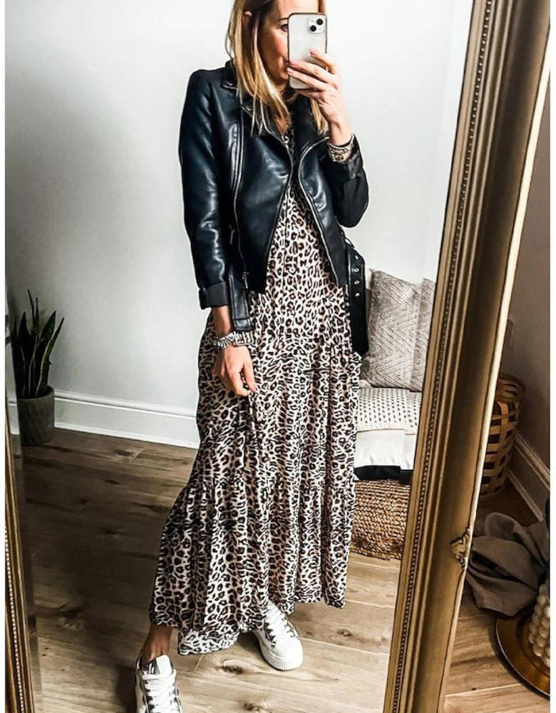 Apricot Leopard Print Tiered Wide Sleeve Maxi Dress