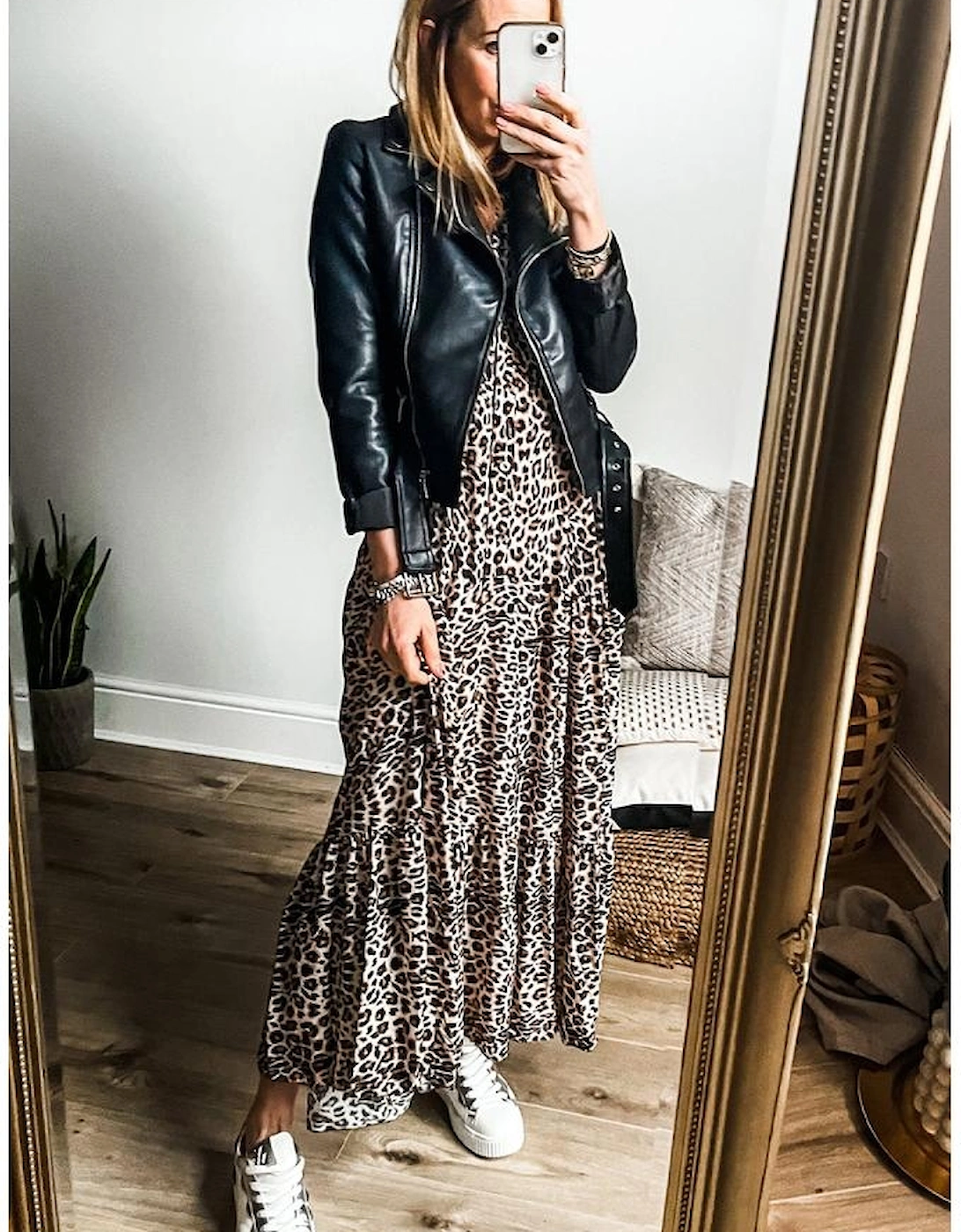 Apricot Leopard Print Tiered Wide Sleeve Maxi Dress