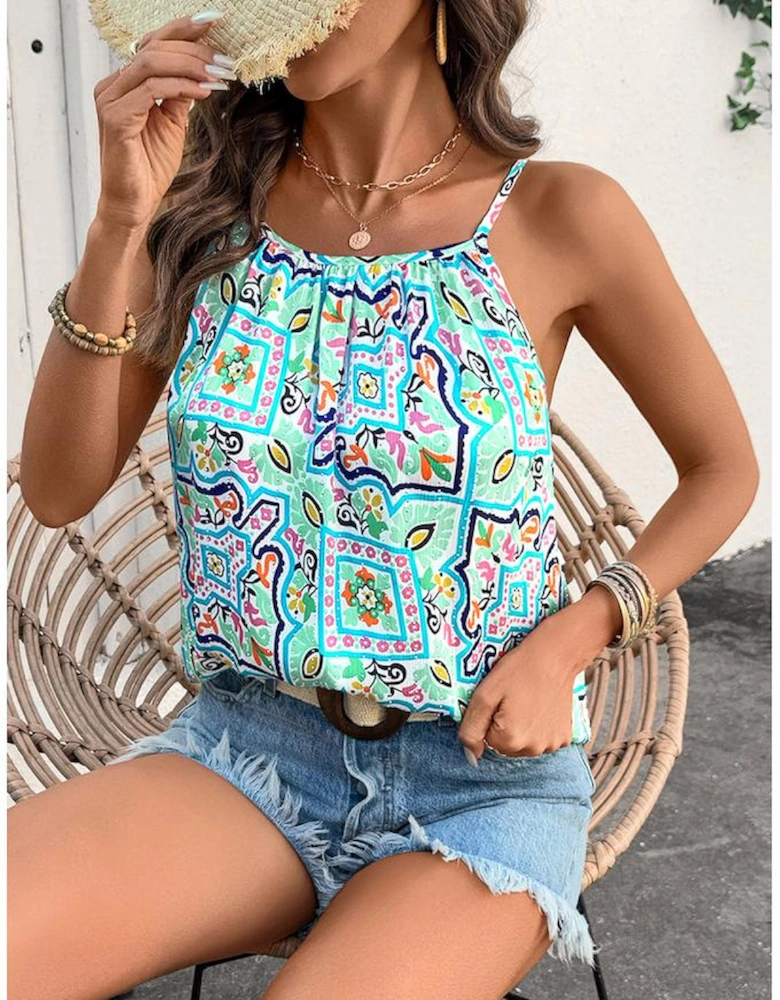 White Rhinestone Boho Floral Printed Spaghetti Strap Tank Top