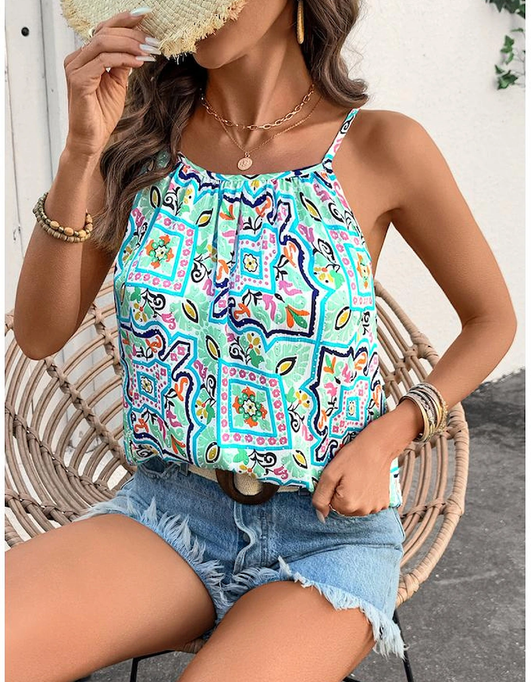 White Rhinestone Boho Floral Printed Spaghetti Strap Tank Top