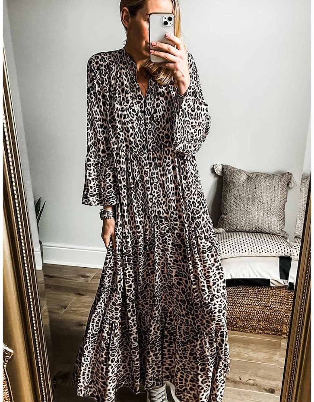 Apricot Leopard Print Tiered Wide Sleeve Maxi Dress