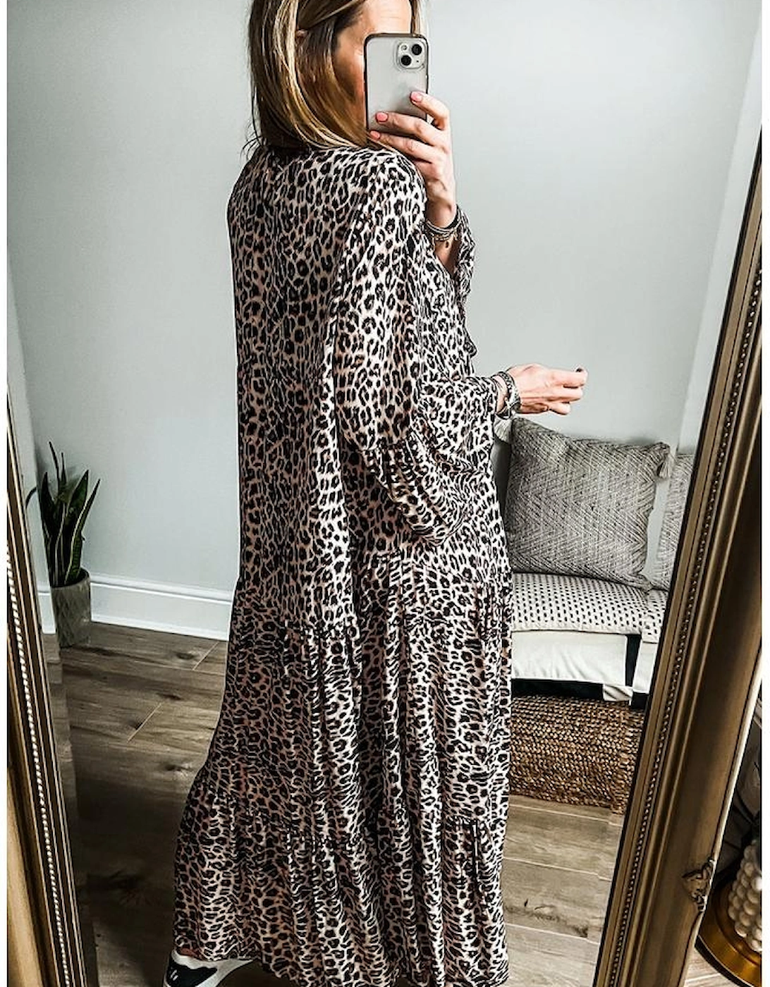 Apricot Leopard Print Tiered Wide Sleeve Maxi Dress