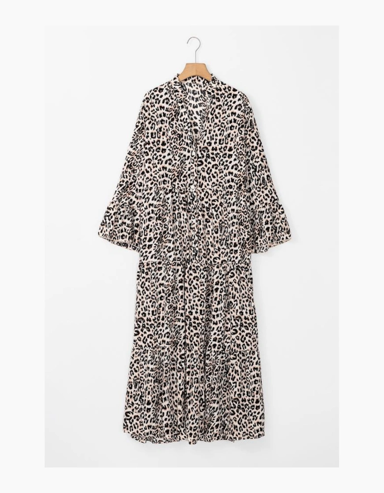 Apricot Leopard Print Tiered Wide Sleeve Maxi Dress